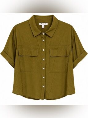 Madewell Cropped Button Front Utility Shirt Olive Green Size L